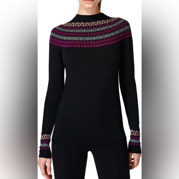 SWEATY BETTY FAIRISLE MOCK NECK, BLACK MARINO WOOL SWEATER WOMEN SIZE L - Picture 1 of 9
